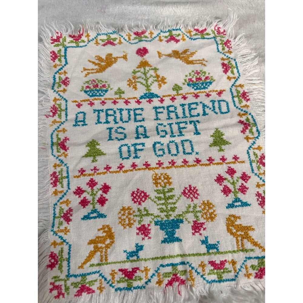 Vintage Embroidered Friendship Sampler A True Friend Is A Gift of God 10x12